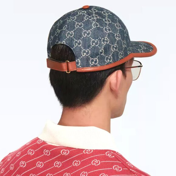 NEW GUCCI GG Monogram Denim Leather Trim Baseball Cap Hat Size M / 58 cm Authent - Picture 8 of 11